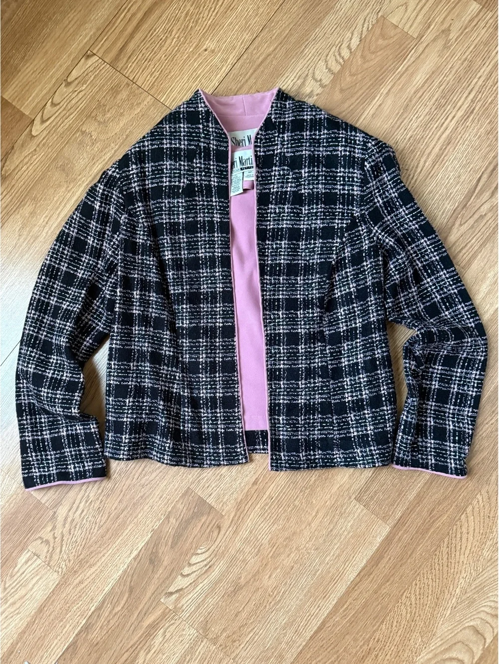 Sheri Martin Two-Piece Pink and Black Plaid Jacket and Top Set